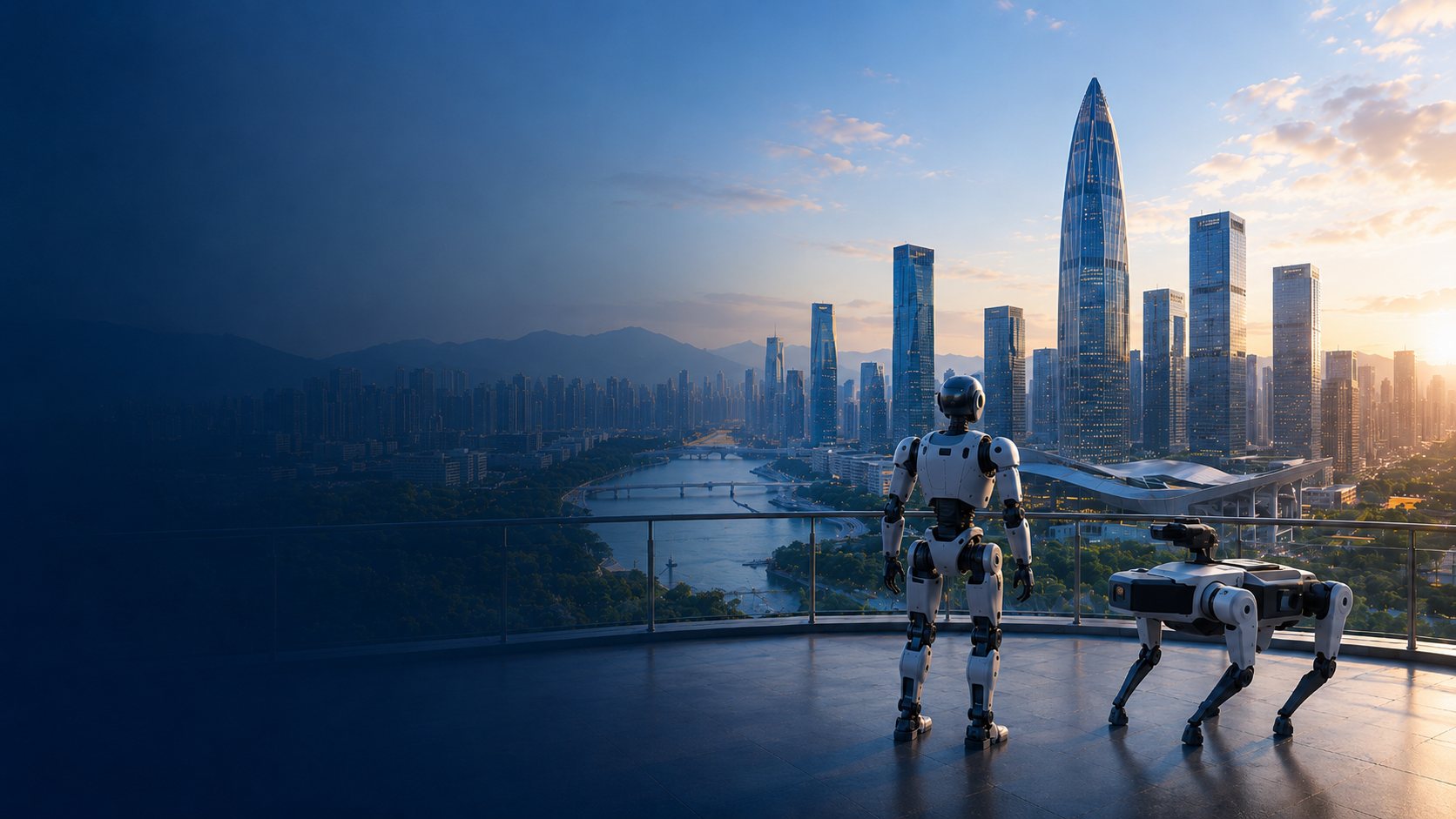 中国・深センのスカイラインを望む展望テラスに立つヒューマノイドロボットと四足歩行ロボット